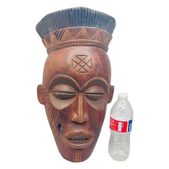 Large Vintage Wooden African Warrior Mask Wall Decor Hand Carved 16" x 9" - Picture 4 of 8